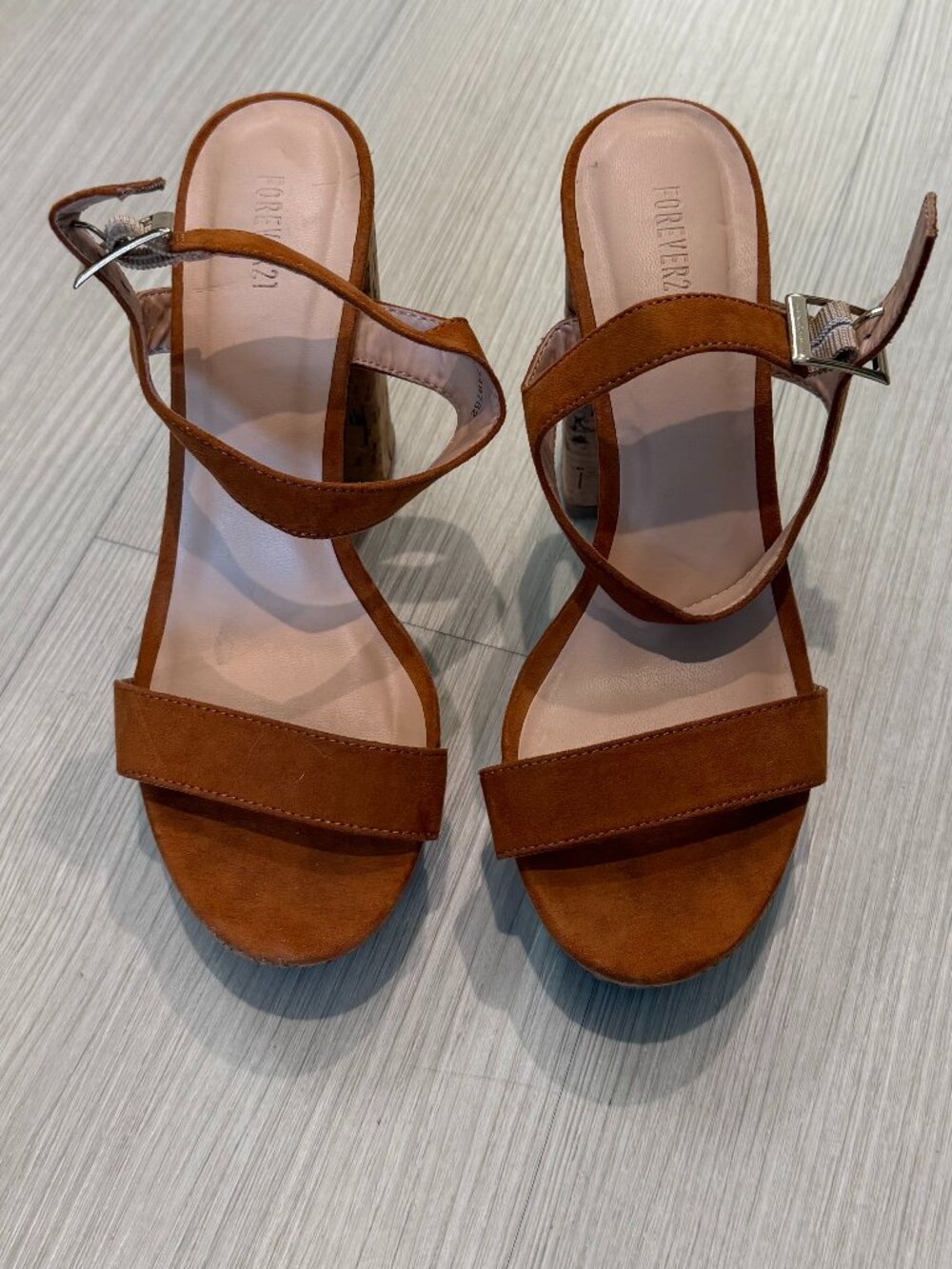 Forever 21: Brown Faux Suede Cork Platform Heels - Size 6.5